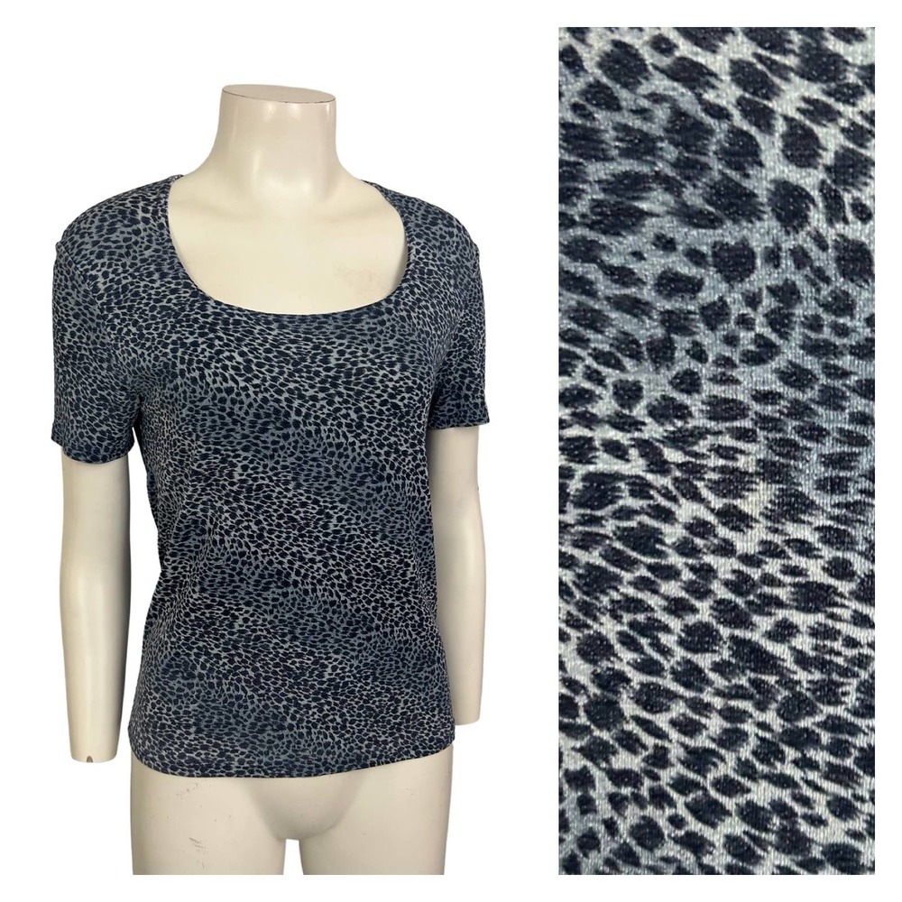 1990s Blue Semi Sheer Leopard Print Scoop Neck Blouse Top / Women’s Medium